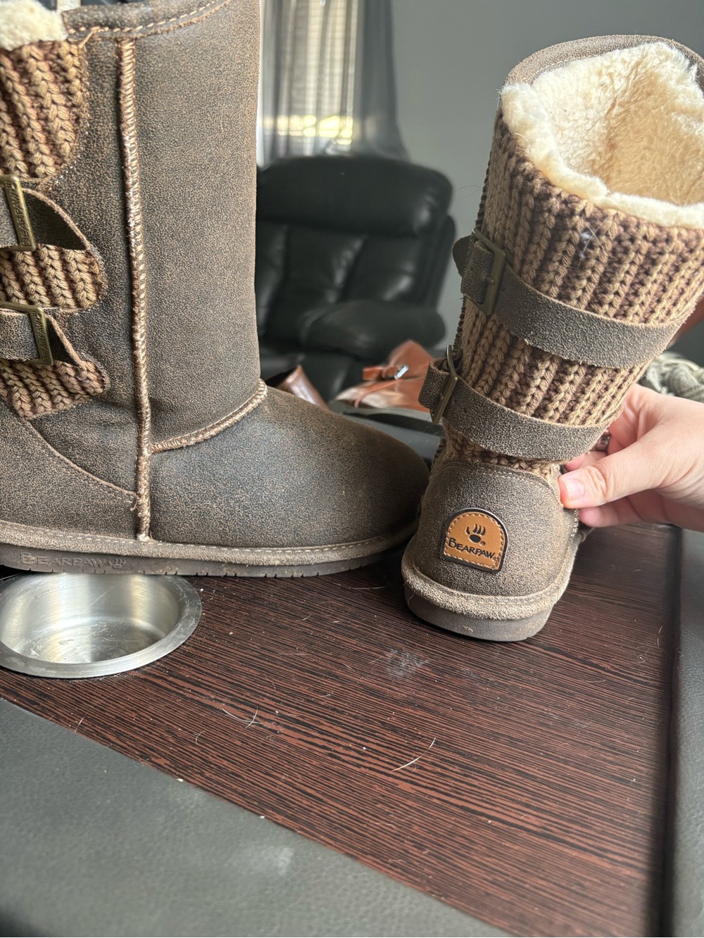BearPaw Brown Knit-Cuff Winter Boots with Sherpa Lining